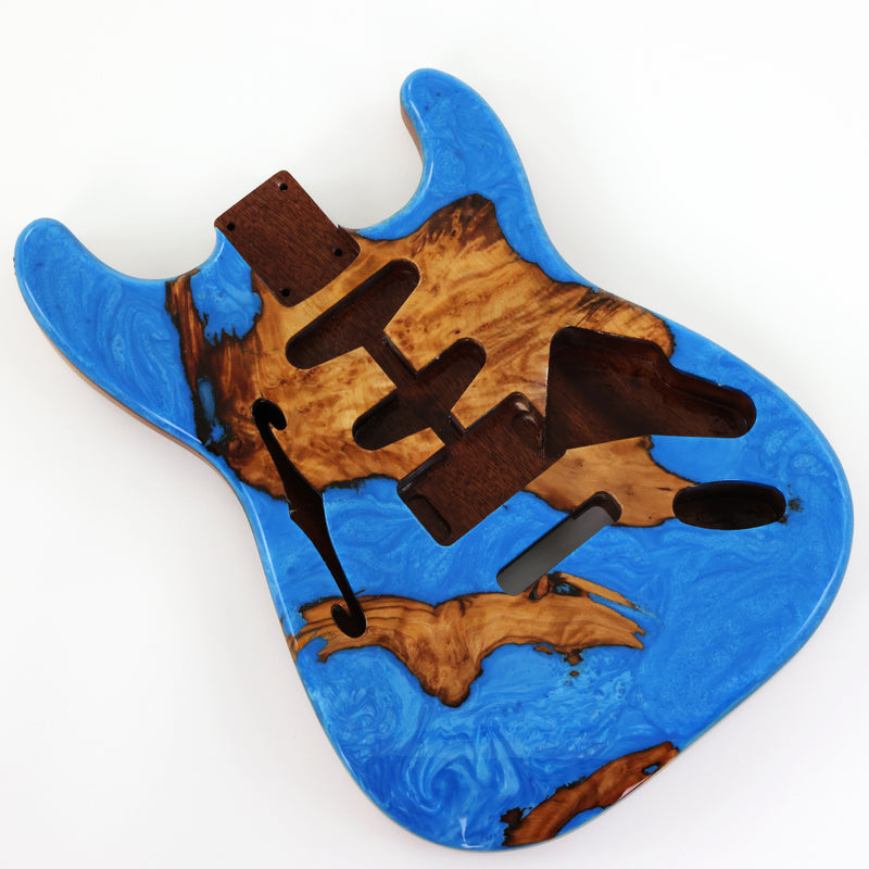 One-of-a-Kind ST Thinline Style Electric Guitar Body with F-hole, Burl Wood & Epoxy Resin Top (SRB-002)