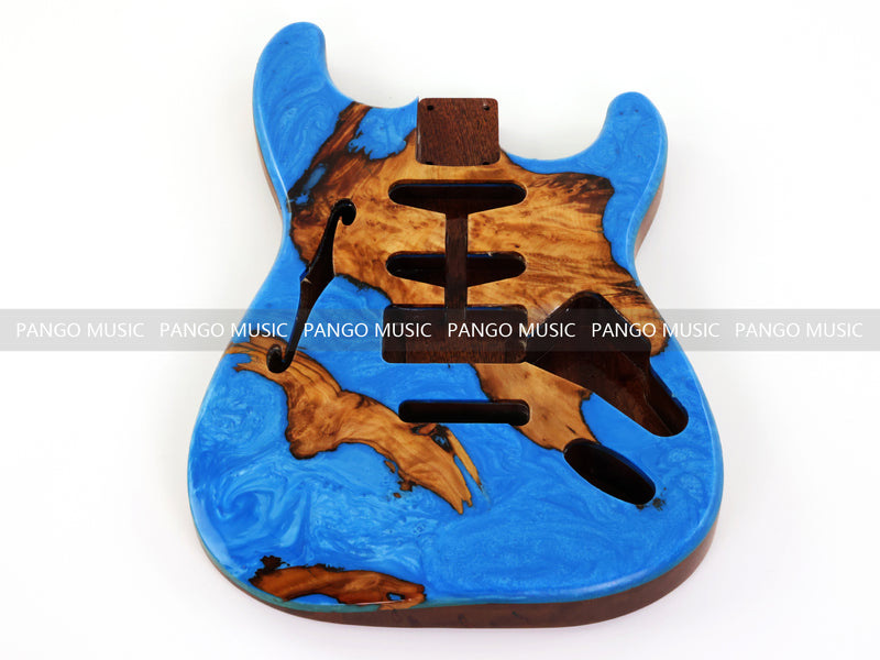 One-of-a-Kind ST Thinline Style Electric Guitar Body with F-hole, Burl Wood & Epoxy Resin Top (SRB-002)