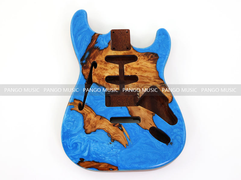 One-of-a-Kind ST Thinline Style Electric Guitar Body with F-hole, Burl Wood & Epoxy Resin Top (SRB-002)
