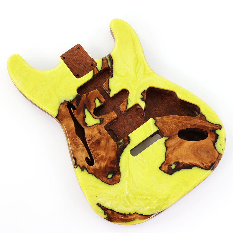One-of-a-Kind ST Thinline Style Electric Guitar Body with F-hole, Burl Wood & Epoxy Resin Top (SRB-003)