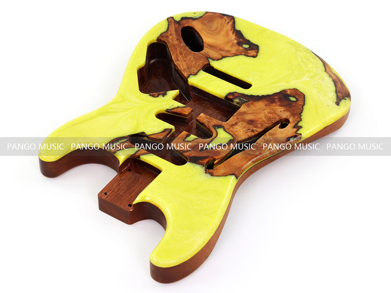 One-of-a-Kind ST Thinline Style Electric Guitar Body with F-hole, Burl Wood & Epoxy Resin Top (SRB-003)