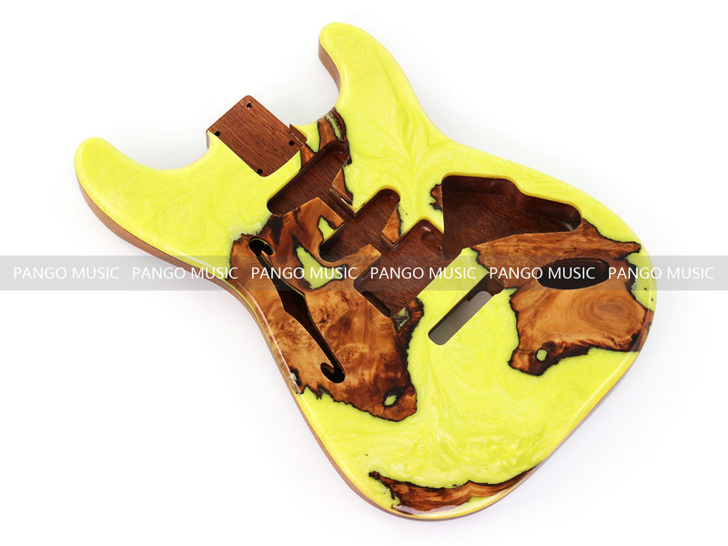 One-of-a-Kind ST Thinline Style Electric Guitar Body with F-hole, Burl Wood & Epoxy Resin Top (SRB-003)