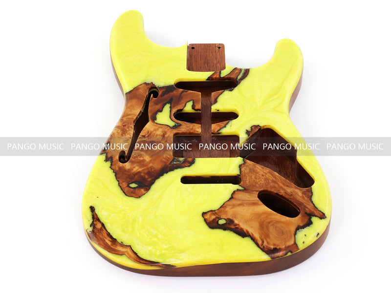 One-of-a-Kind ST Thinline Style Electric Guitar Body with F-hole, Burl Wood & Epoxy Resin Top (SRB-003)