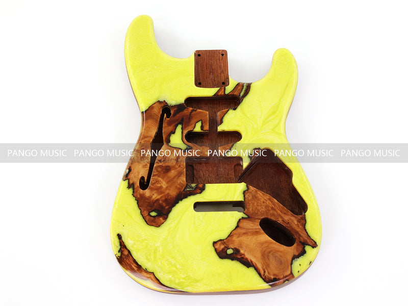 One-of-a-Kind ST Thinline Style Electric Guitar Body with F-hole, Burl Wood & Epoxy Resin Top (SRB-003)