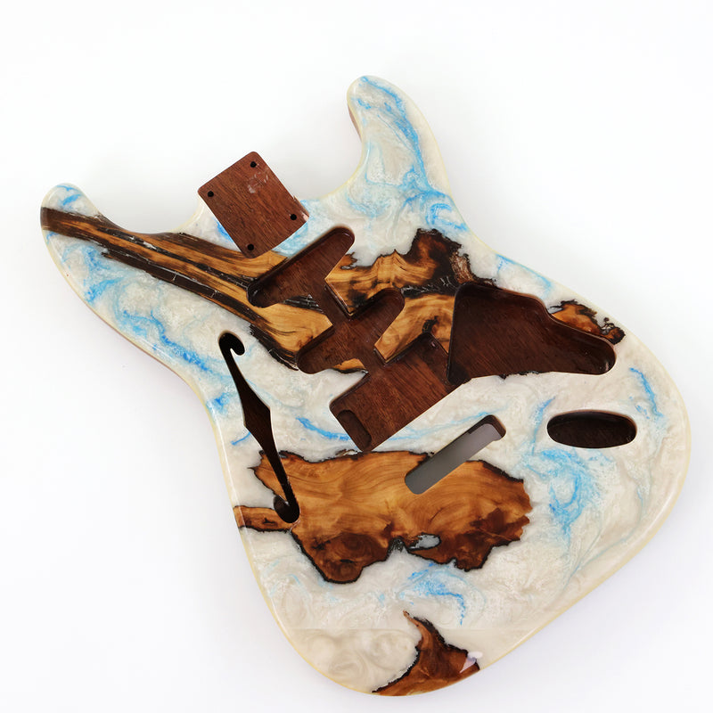 One-of-a-Kind ST Thinline Style Electric Guitar Body with F-hole, Burl Wood & Epoxy Resin Top (SRB-004)