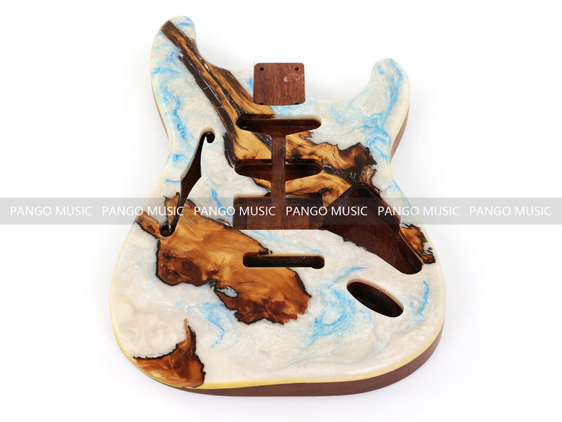 One-of-a-Kind ST Thinline Style Electric Guitar Body with F-hole, Burl Wood & Epoxy Resin Top (SRB-004)