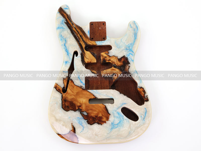 One-of-a-Kind ST Thinline Style Electric Guitar Body with F-hole, Burl Wood & Epoxy Resin Top (SRB-004)