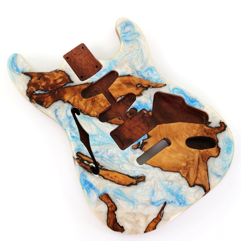 One-of-a-Kind ST Thinline Style Electric Guitar Body with F-hole, Burl Wood & Epoxy Resin Top (SRB-005)