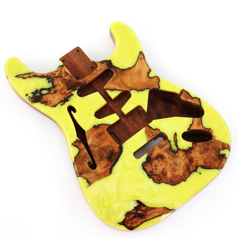 One-of-a-Kind ST Thinline Style Electric Guitar Body with F-hole, Burl Wood & Epoxy Resin Top (SRB-006)