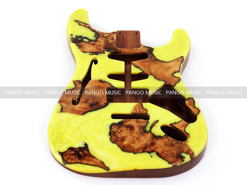 One-of-a-Kind ST Thinline Style Electric Guitar Body with F-hole, Burl Wood & Epoxy Resin Top (SRB-006)