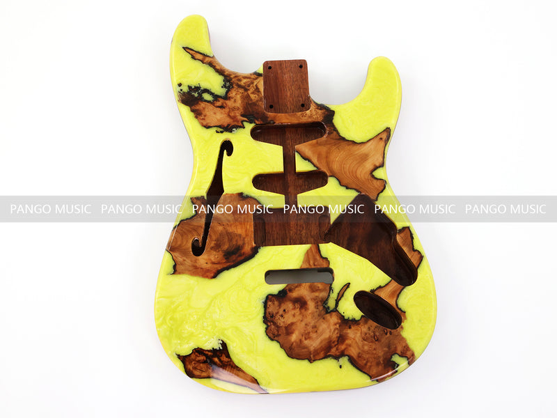 One-of-a-Kind ST Thinline Style Electric Guitar Body with F-hole, Burl Wood & Epoxy Resin Top (SRB-006)