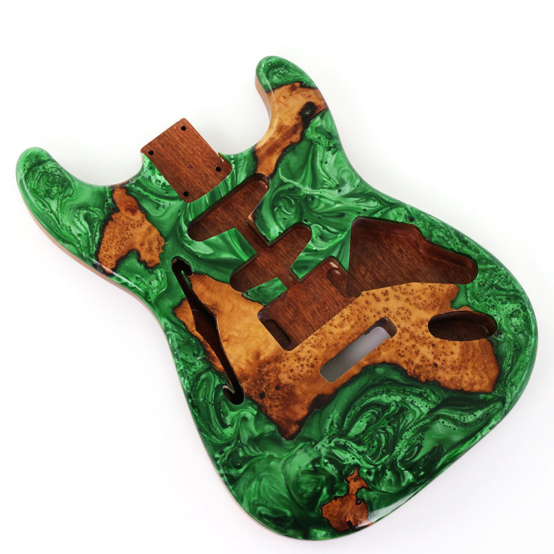 One-of-a-Kind ST Thinline Style Electric Guitar Body with F-hole, Burl Wood & Epoxy Resin Top (SRB-007)
