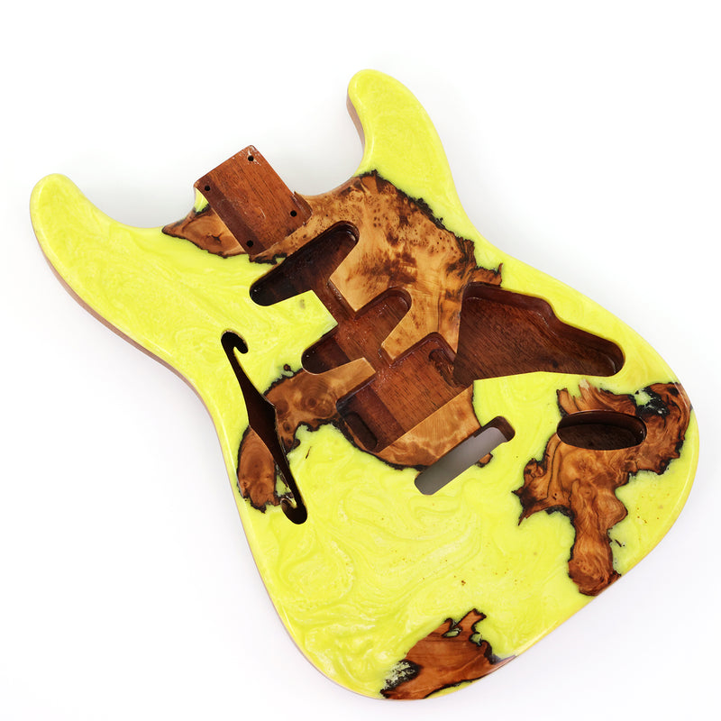One-of-a-Kind ST Thinline Style Electric Guitar Body with F-hole, Burl Wood & Epoxy Resin Top (SRB-008)