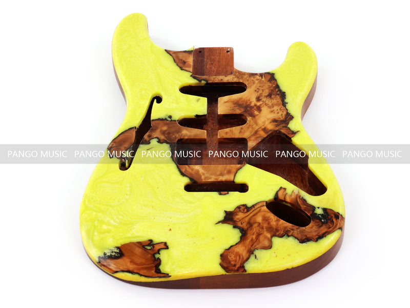 One-of-a-Kind ST Thinline Style Electric Guitar Body with F-hole, Burl Wood & Epoxy Resin Top (SRB-008)