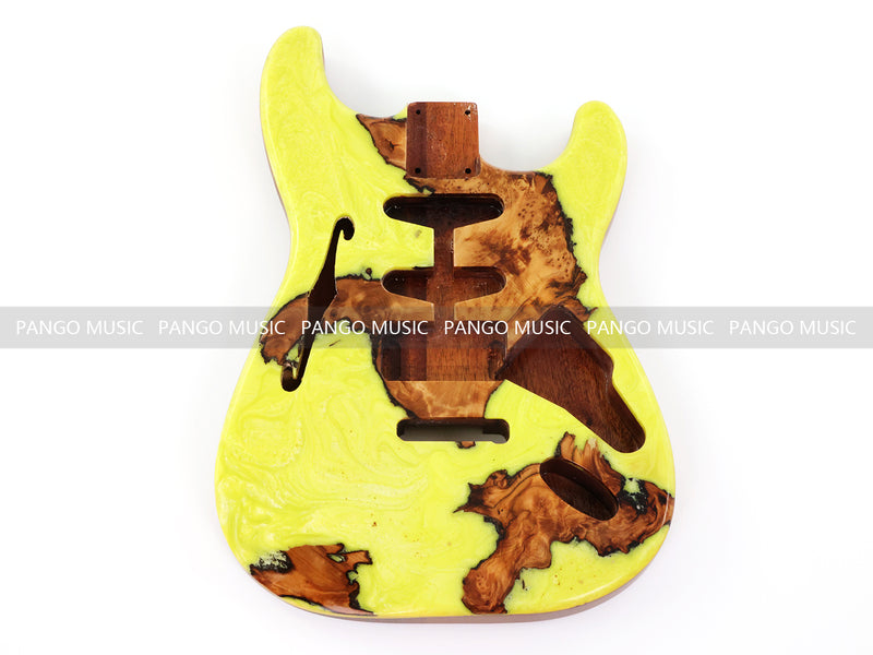 One-of-a-Kind ST Thinline Style Electric Guitar Body with F-hole, Burl Wood & Epoxy Resin Top (SRB-008)