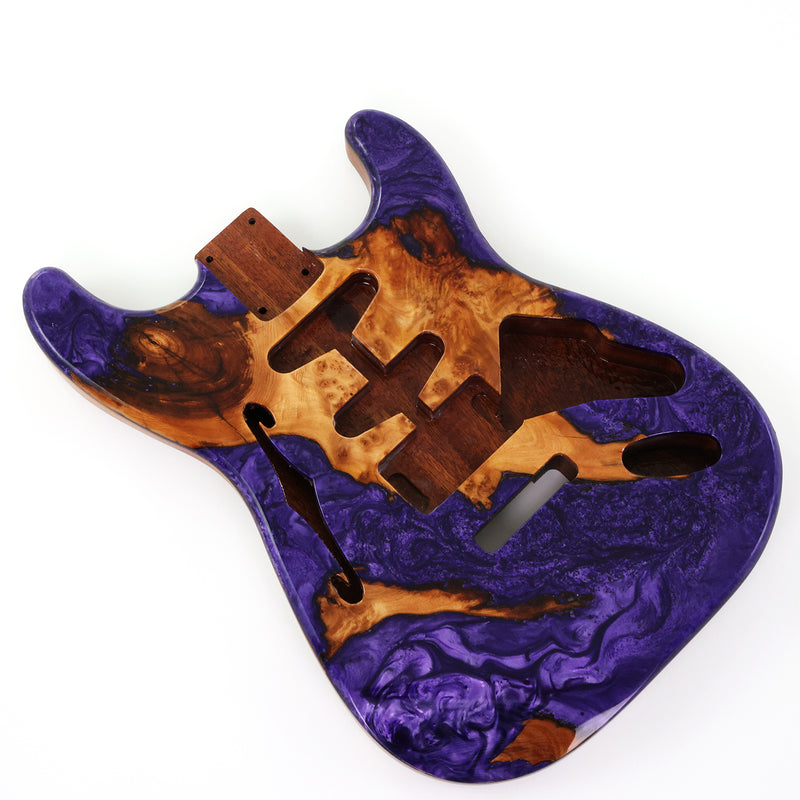 One-of-a-Kind ST Thinline Style Electric Guitar Body with F-hole, Burl Wood & Epoxy Resin Top (SRB-009)