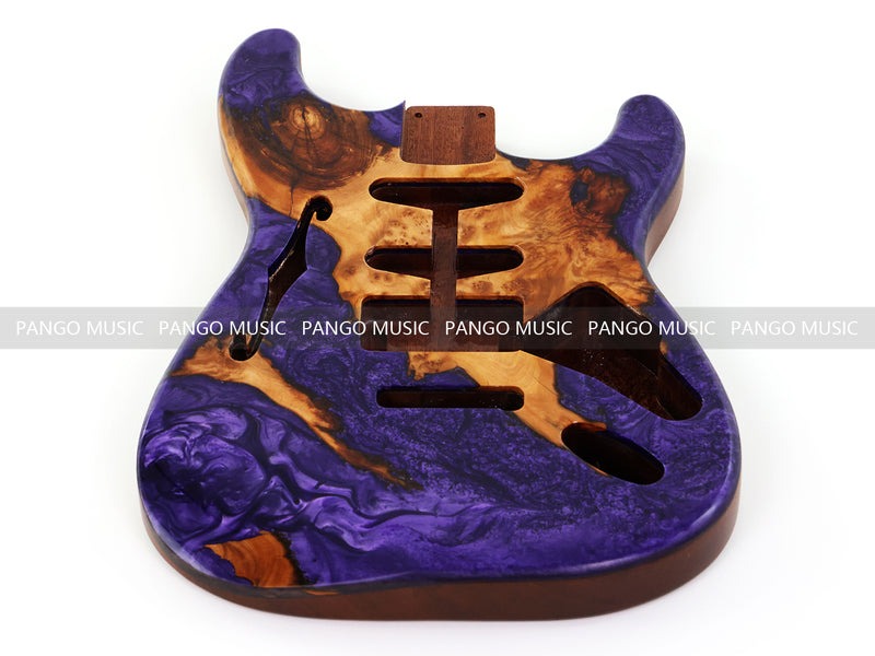 One-of-a-Kind ST Thinline Style Electric Guitar Body with F-hole, Burl Wood & Epoxy Resin Top (SRB-009)