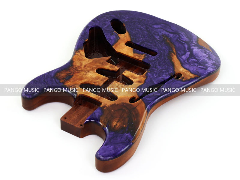 One-of-a-Kind ST Thinline Style Electric Guitar Body with F-hole, Burl Wood & Epoxy Resin Top (SRB-009)