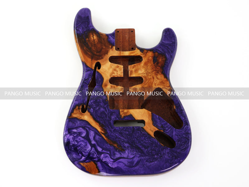 One-of-a-Kind ST Thinline Style Electric Guitar Body with F-hole, Burl Wood & Epoxy Resin Top (SRB-009)