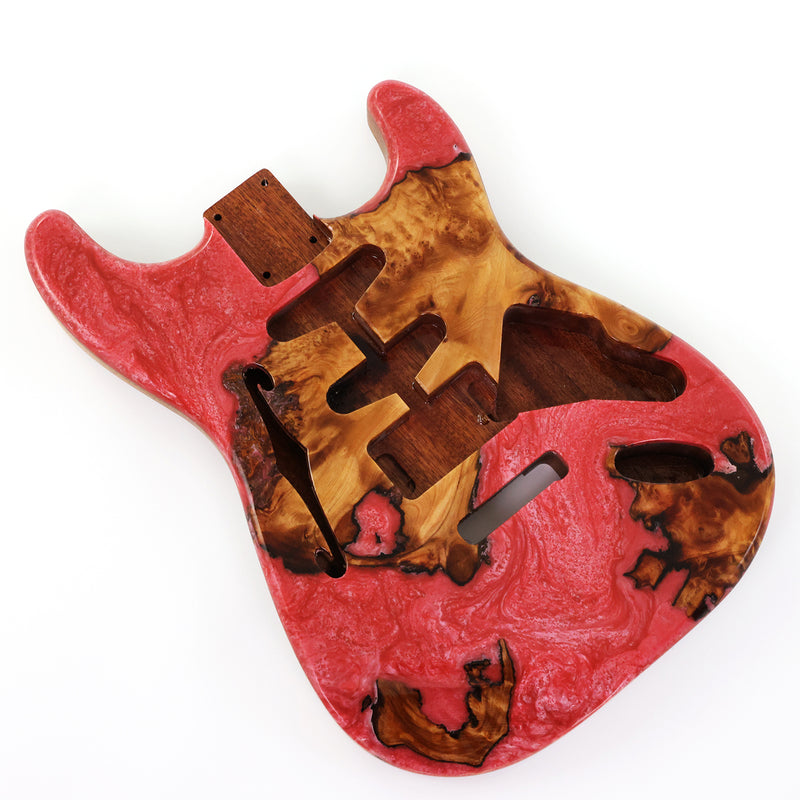 One-of-a-Kind ST Thinline Style Electric Guitar Body with F-hole, Burl Wood & Epoxy Resin Top (SRB-010)