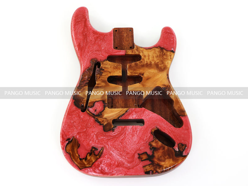 One-of-a-Kind ST Thinline Style Electric Guitar Body with F-hole, Burl Wood & Epoxy Resin Top (SRB-010)