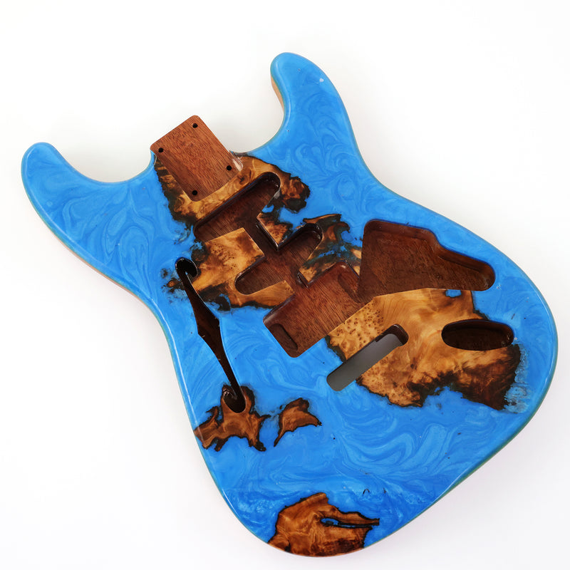 One-of-a-Kind ST Thinline Style Electric Guitar Body with F-hole, Burl Wood & Epoxy Resin Top (SRB-011)