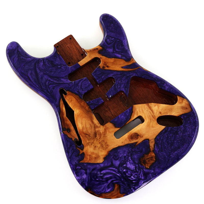 One-of-a-Kind ST Thinline Style Electric Guitar Body with F-hole, Burl Wood & Epoxy Resin Top (SRB-012)