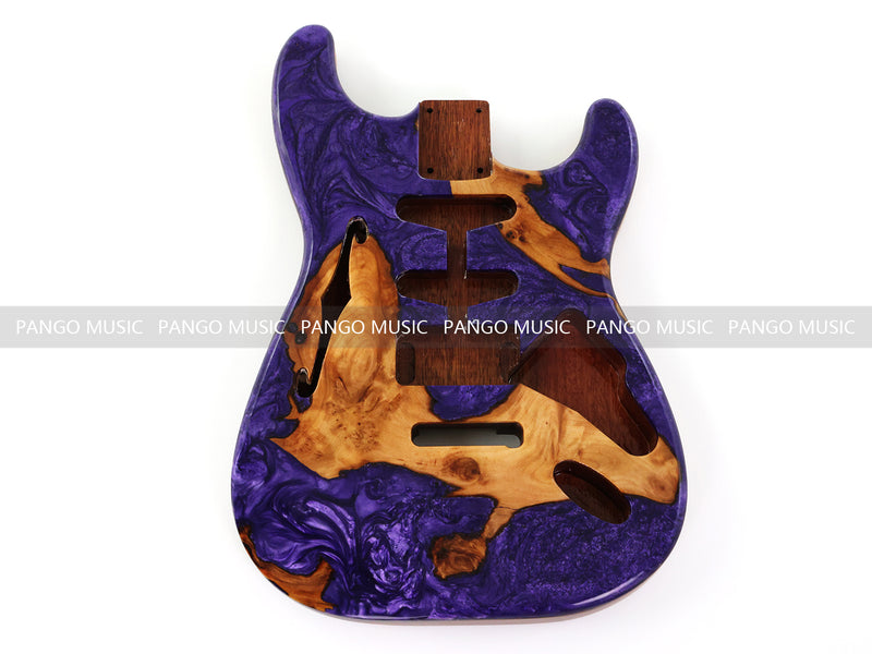 One-of-a-Kind ST Thinline Style Electric Guitar Body with F-hole, Burl Wood & Epoxy Resin Top (SRB-012)
