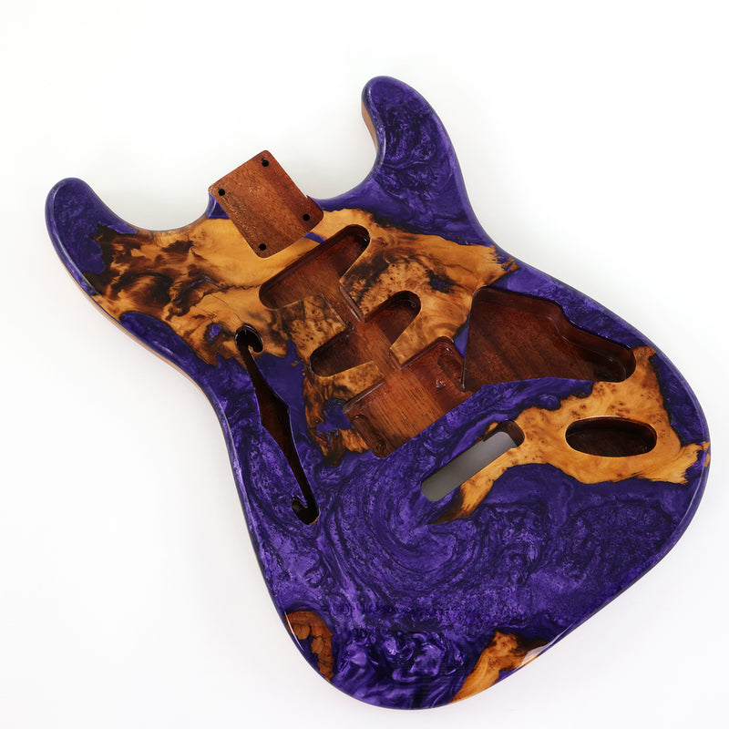 One-of-a-Kind ST Thinline Style Electric Guitar Body with F-hole, Burl Wood & Epoxy Resin Top (SRB-013)