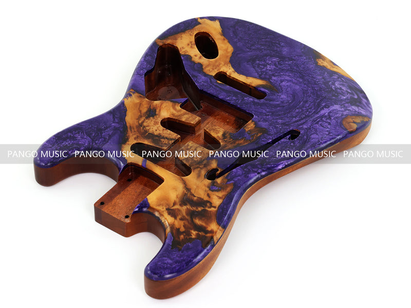 One-of-a-Kind ST Thinline Style Electric Guitar Body with F-hole, Burl Wood & Epoxy Resin Top (SRB-013)