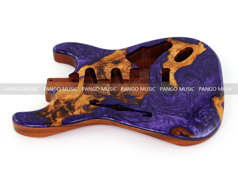 One-of-a-Kind ST Thinline Style Electric Guitar Body with F-hole, Burl Wood & Epoxy Resin Top (SRB-013)