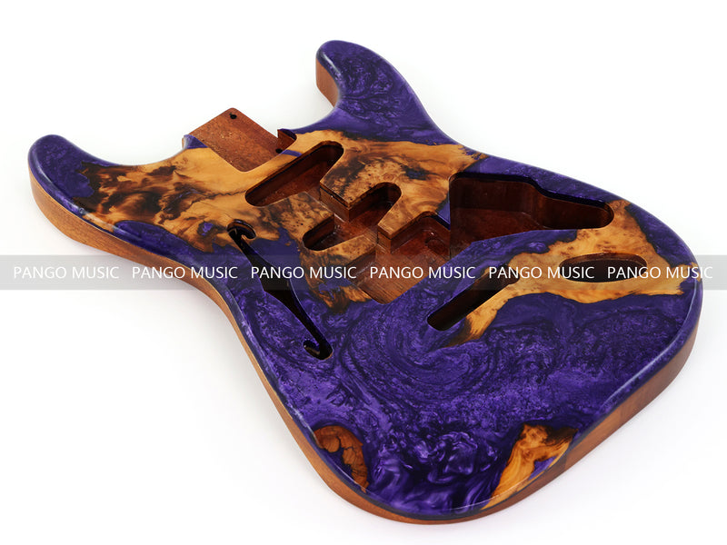 One-of-a-Kind ST Thinline Style Electric Guitar Body with F-hole, Burl Wood & Epoxy Resin Top (SRB-013)