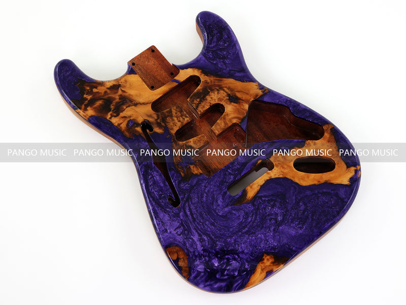 One-of-a-Kind ST Thinline Style Electric Guitar Body with F-hole, Burl Wood & Epoxy Resin Top (SRB-013)