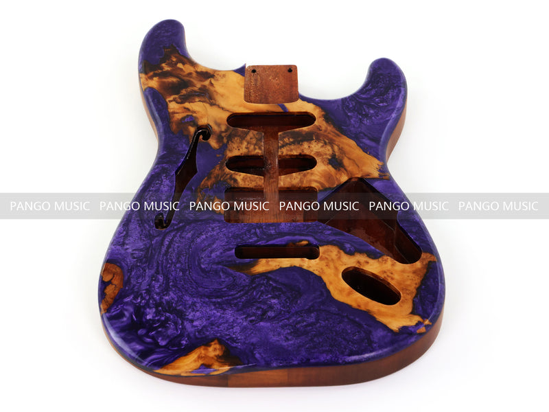 One-of-a-Kind ST Thinline Style Electric Guitar Body with F-hole, Burl Wood & Epoxy Resin Top (SRB-013)