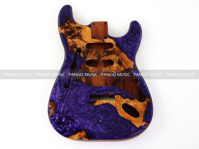 One-of-a-Kind ST Thinline Style Electric Guitar Body with F-hole, Burl Wood & Epoxy Resin Top (SRB-013)