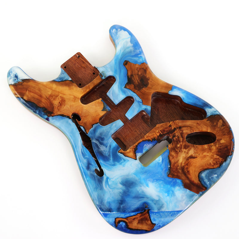 One-of-a-Kind ST Thinline Style Electric Guitar Body with F-hole, Burl Wood & Epoxy Resin Top (SRB-014)