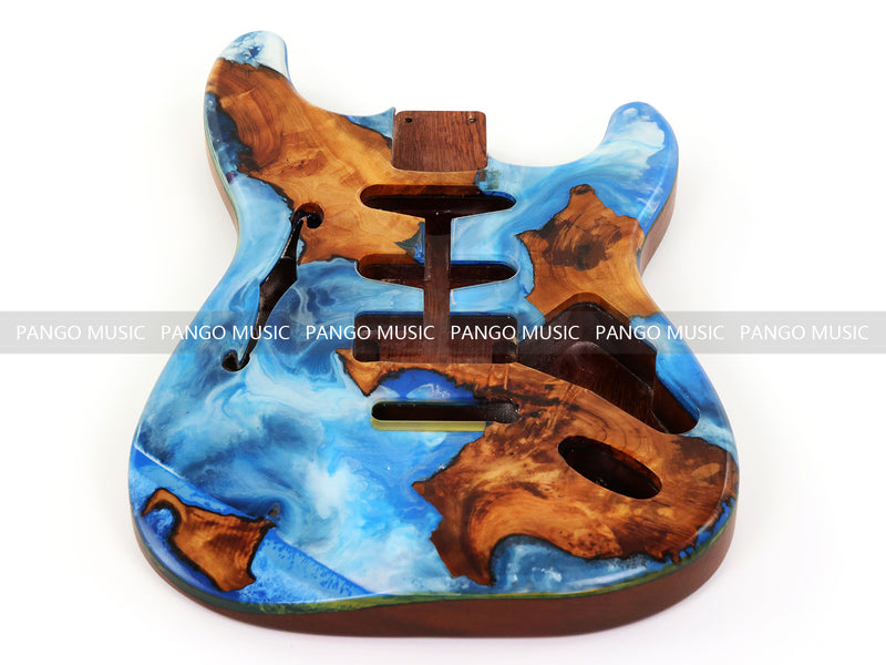 One-of-a-Kind ST Thinline Style Electric Guitar Body with F-hole, Burl Wood & Epoxy Resin Top (SRB-014)