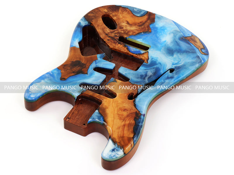 One-of-a-Kind ST Thinline Style Electric Guitar Body with F-hole, Burl Wood & Epoxy Resin Top (SRB-014)