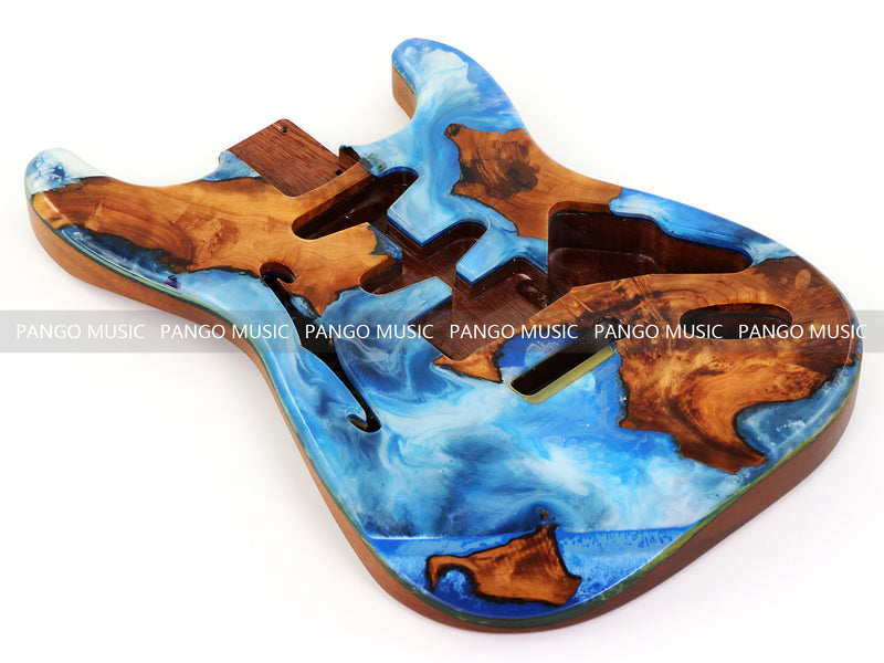 One-of-a-Kind ST Thinline Style Electric Guitar Body with F-hole, Burl Wood & Epoxy Resin Top (SRB-014)
