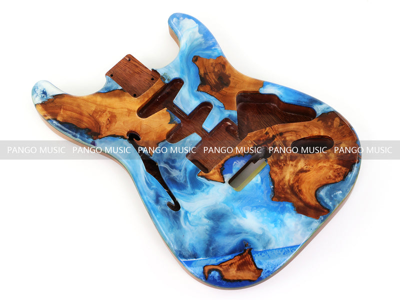 One-of-a-Kind ST Thinline Style Electric Guitar Body with F-hole, Burl Wood & Epoxy Resin Top (SRB-014)