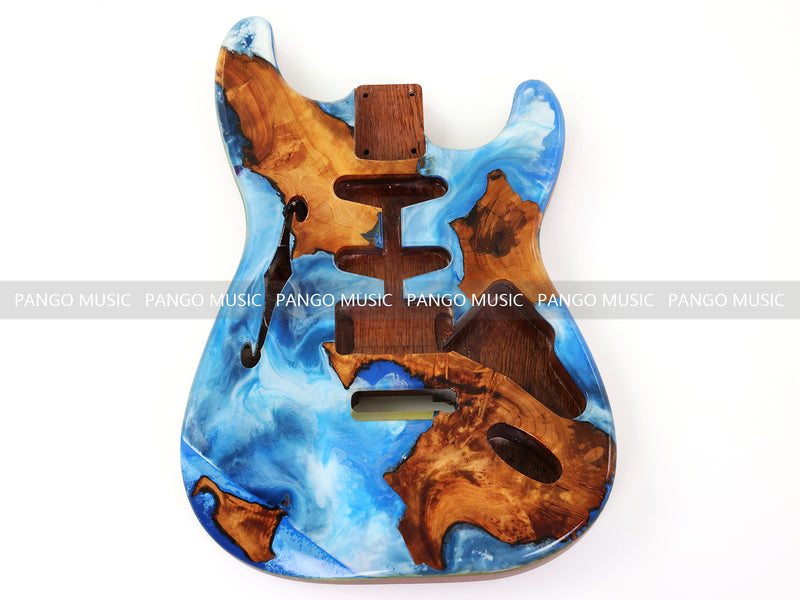One-of-a-Kind ST Thinline Style Electric Guitar Body with F-hole, Burl Wood & Epoxy Resin Top (SRB-014)