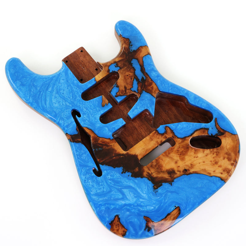 One-of-a-Kind ST Thinline Style Electric Guitar Body with F-hole, Burl Wood & Epoxy Resin Top (SRB-015)