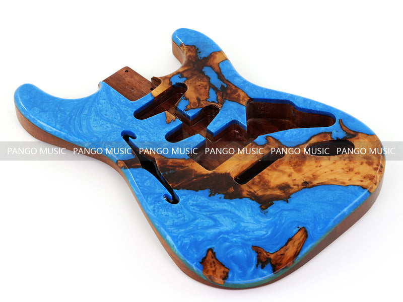 One-of-a-Kind ST Thinline Style Electric Guitar Body with F-hole, Burl Wood & Epoxy Resin Top (SRB-015)