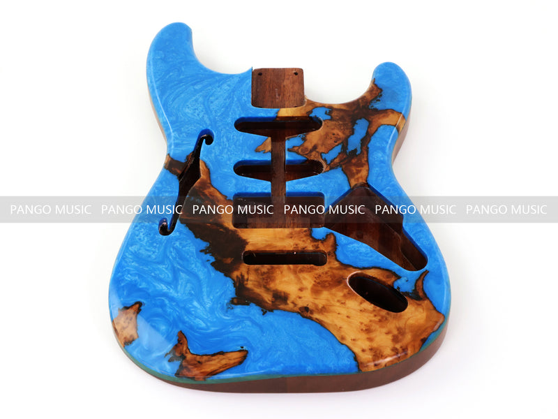 One-of-a-Kind ST Thinline Style Electric Guitar Body with F-hole, Burl Wood & Epoxy Resin Top (SRB-015)