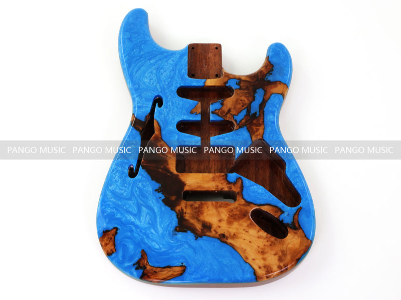 One-of-a-Kind ST Thinline Style Electric Guitar Body with F-hole, Burl Wood & Epoxy Resin Top (SRB-015)