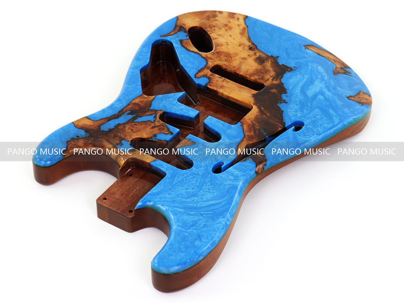 One-of-a-Kind ST Thinline Style Electric Guitar Body with F-hole, Burl Wood & Epoxy Resin Top (SRB-015)