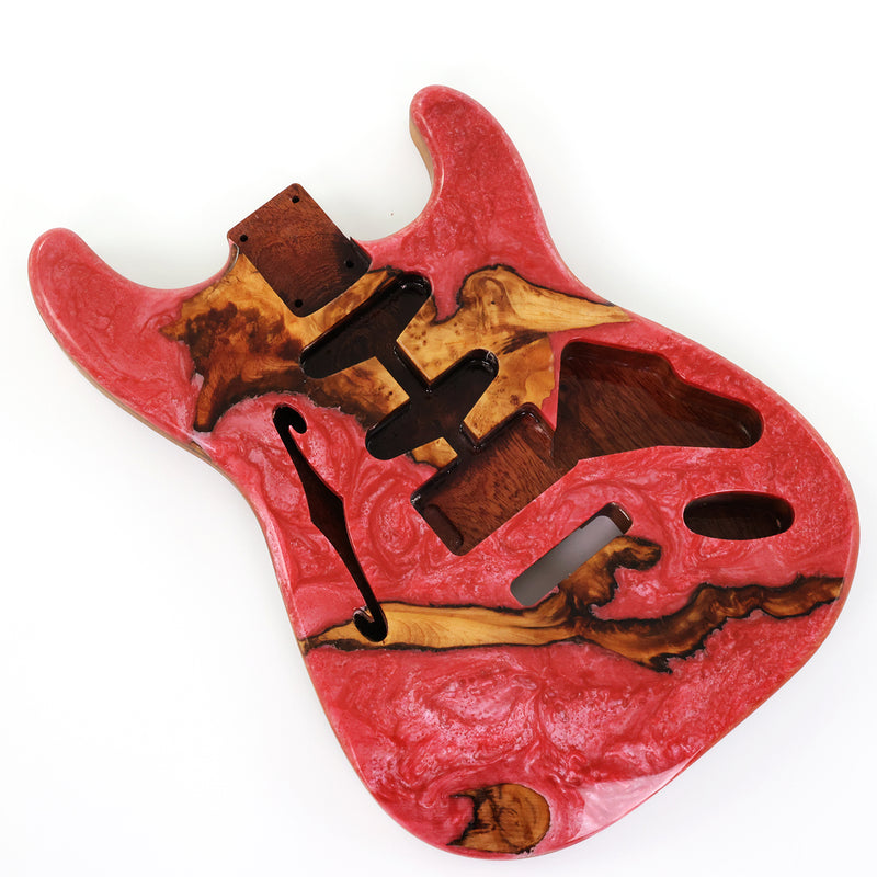 One-of-a-Kind ST Thinline Style Electric Guitar Body with F-hole, Burl Wood & Epoxy Resin Top (SRB-016)