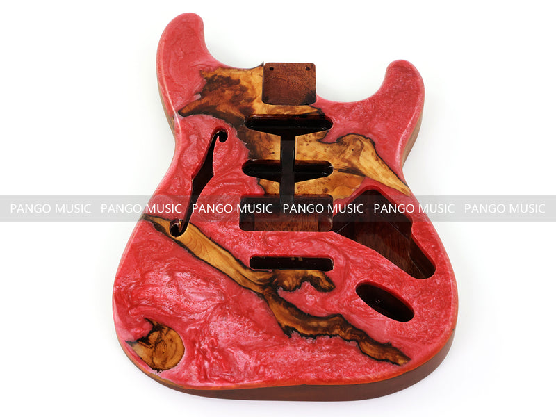 One-of-a-Kind ST Thinline Style Electric Guitar Body with F-hole, Burl Wood & Epoxy Resin Top (SRB-016)