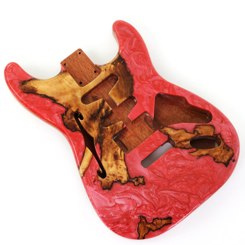 One-of-a-Kind ST Thinline Style Electric Guitar Body with F-hole, Burl Wood & Epoxy Resin Top (SRB-017)