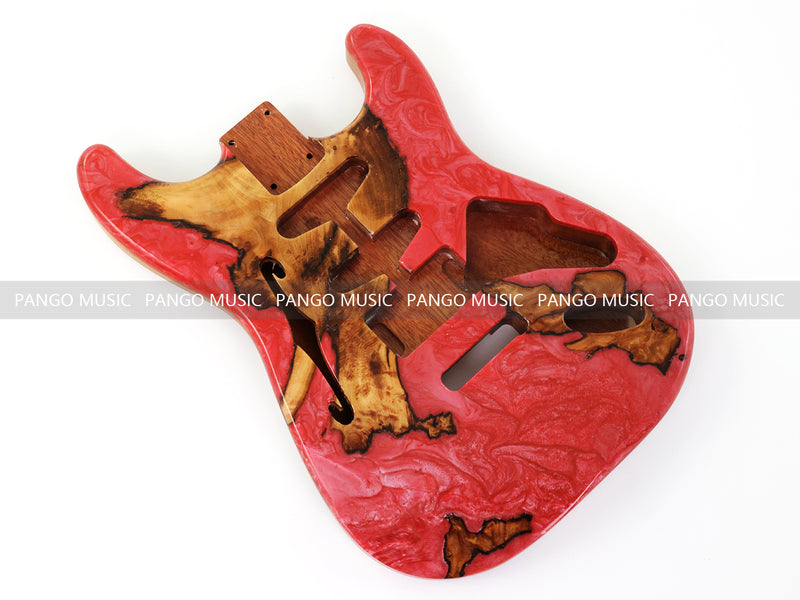One-of-a-Kind ST Thinline Style Electric Guitar Body with F-hole, Burl Wood & Epoxy Resin Top (SRB-017)